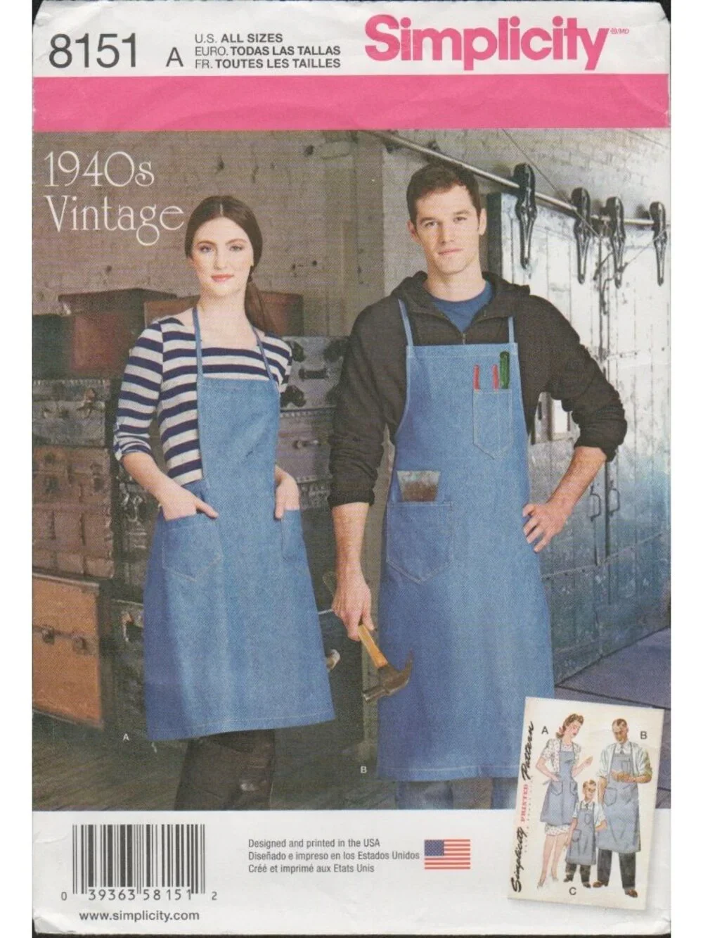 Simplicity 8151 Bib Apron Cooking Shop Adults Kids Retro Sewing Pattern Uncut